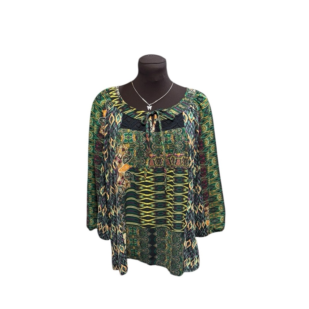 Fig & Flower Women’s Green Geometric Tunic Top 3/4 Sleeve Lace Inlay Boho Size M